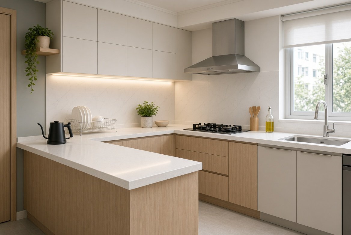 Kitchen with stone counter and island, Singapore home