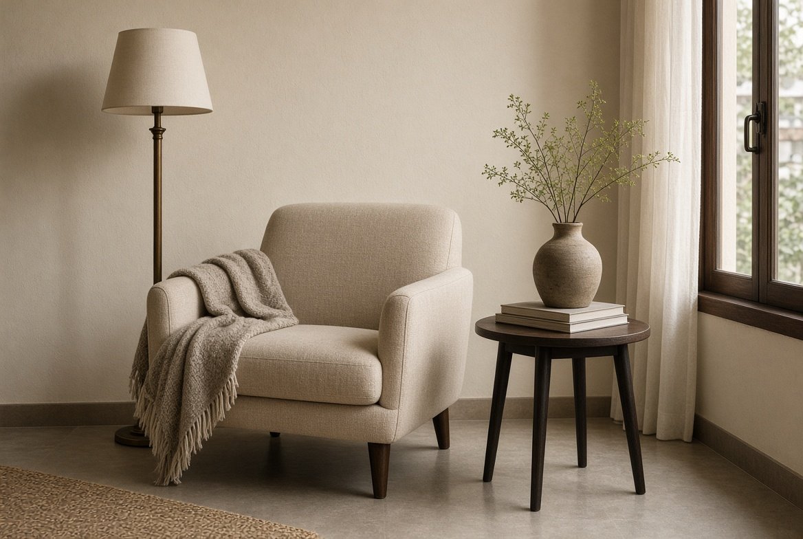 Styled corner with textiles and objects, Singapore interior