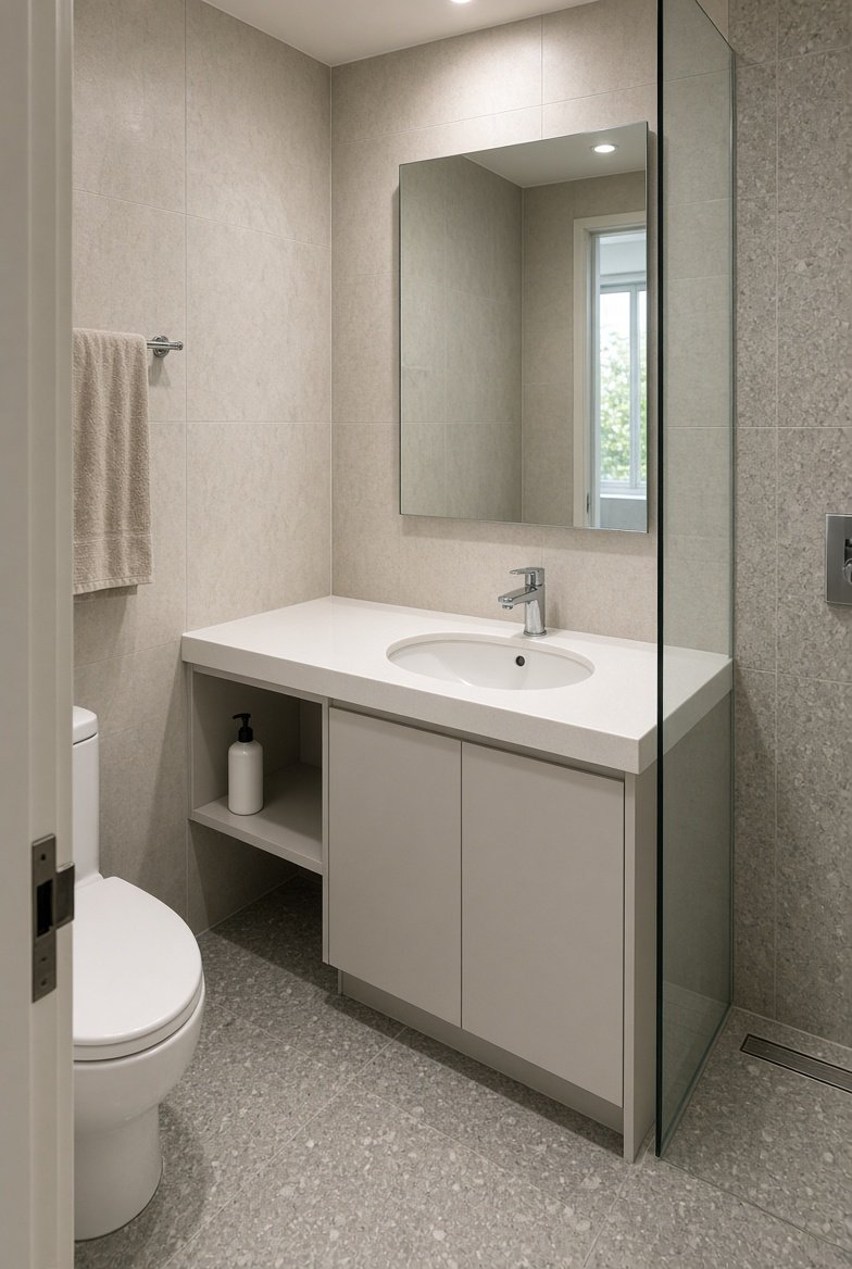 Bathroom with stone and terrazzo finishes, Singapore condominium
